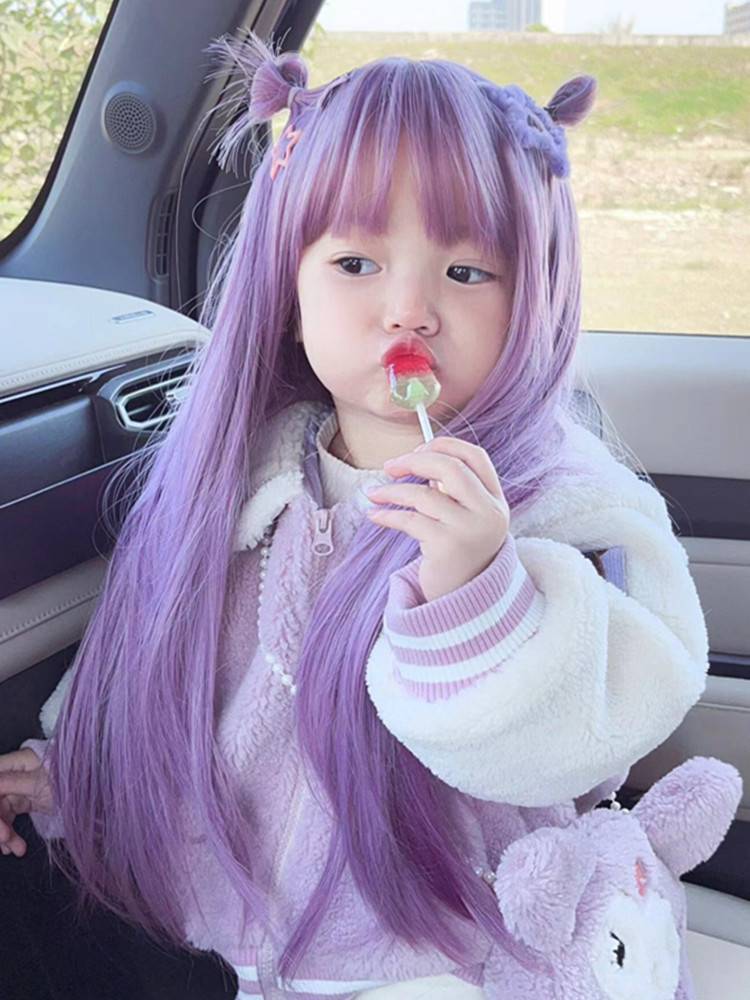 Children's wig Female straight hair Balala Little Demon COS Yan Lili purple purple funny hairstyle