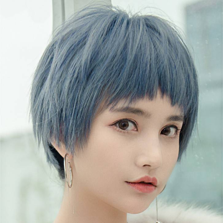 Wigs female short hair net red cos smog blue black round face bald head handsome short straight natural girl full set