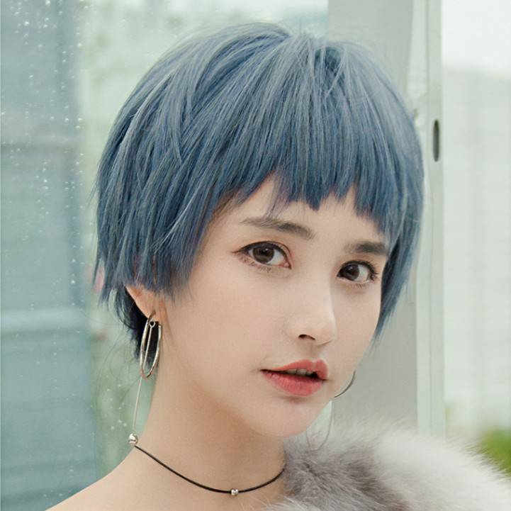 Wigs female short hair net red cos smog blue black round face bald head handsome short straight natural girl full set