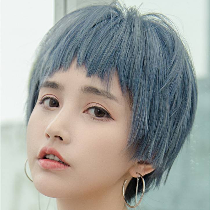 Wigs female short hair net red cos smog blue black round face bald head handsome short straight natural girl full set