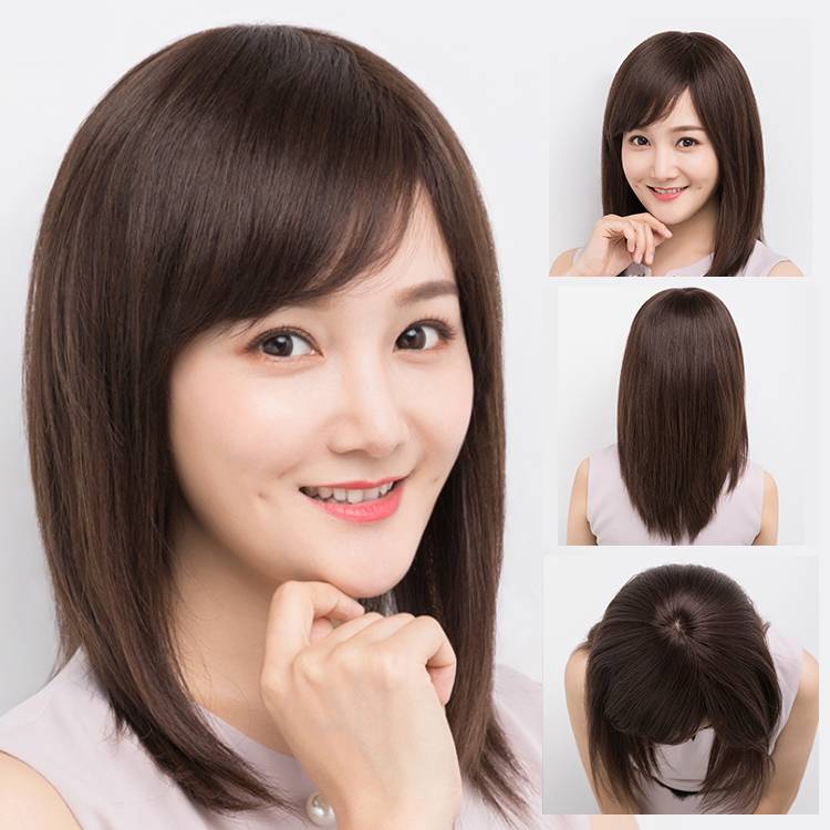 The whole wig female medium long hair round face wig Full -headed bald wig True hair all real hair ladies wig wigs