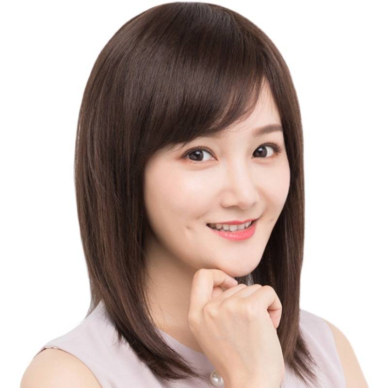 The whole wig female medium long hair round face wig Full -headed bald wig True hair all real hair ladies wig wigs