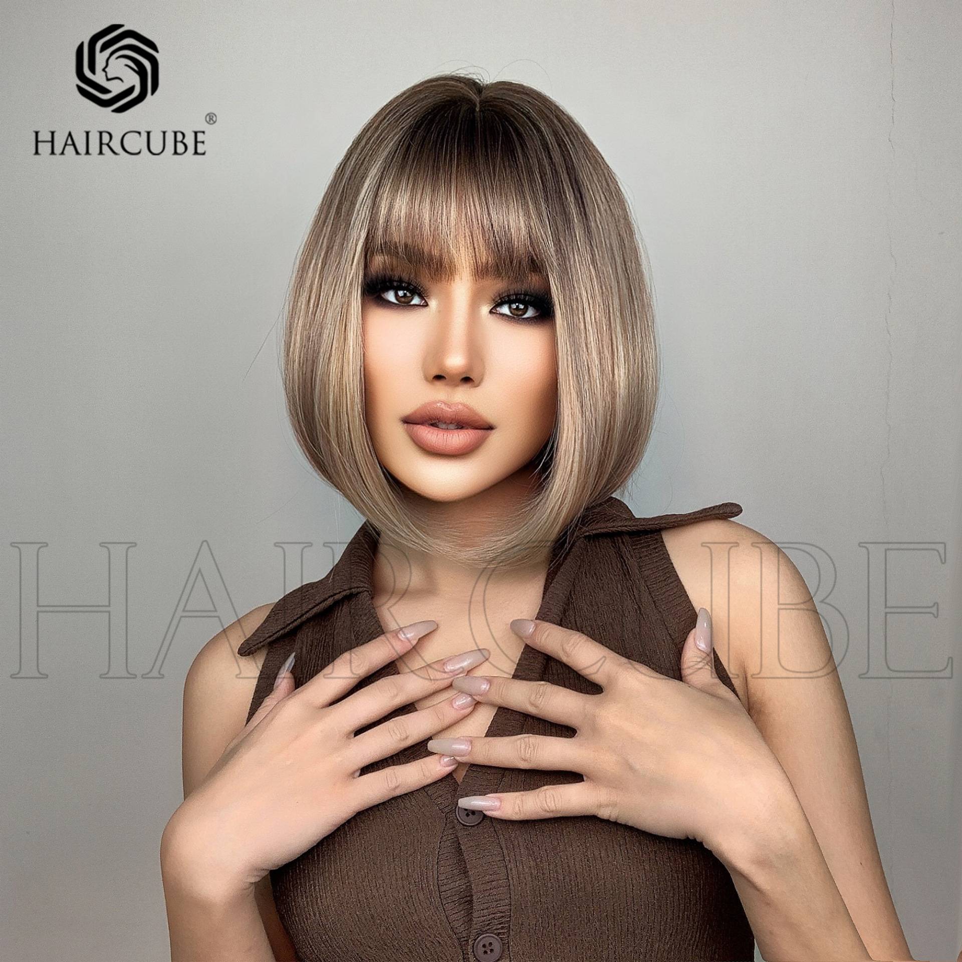 European and American wind wig women dyed brown Qi bangs short straight head shape applicable