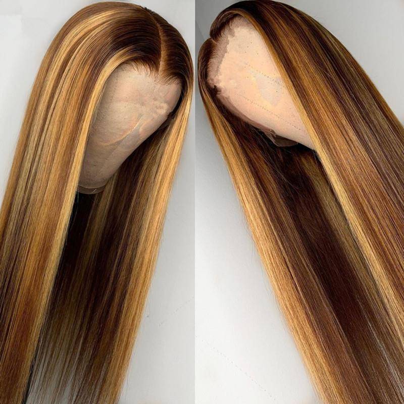 European and American ladies dyeing in dyeing long straight hair three -color gradient wig brown golden chemical fiber head cover