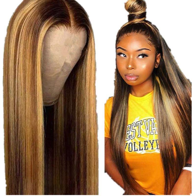 European and American ladies dyeing in dyeing long straight hair three -color gradient wig brown golden chemical fiber head cover
