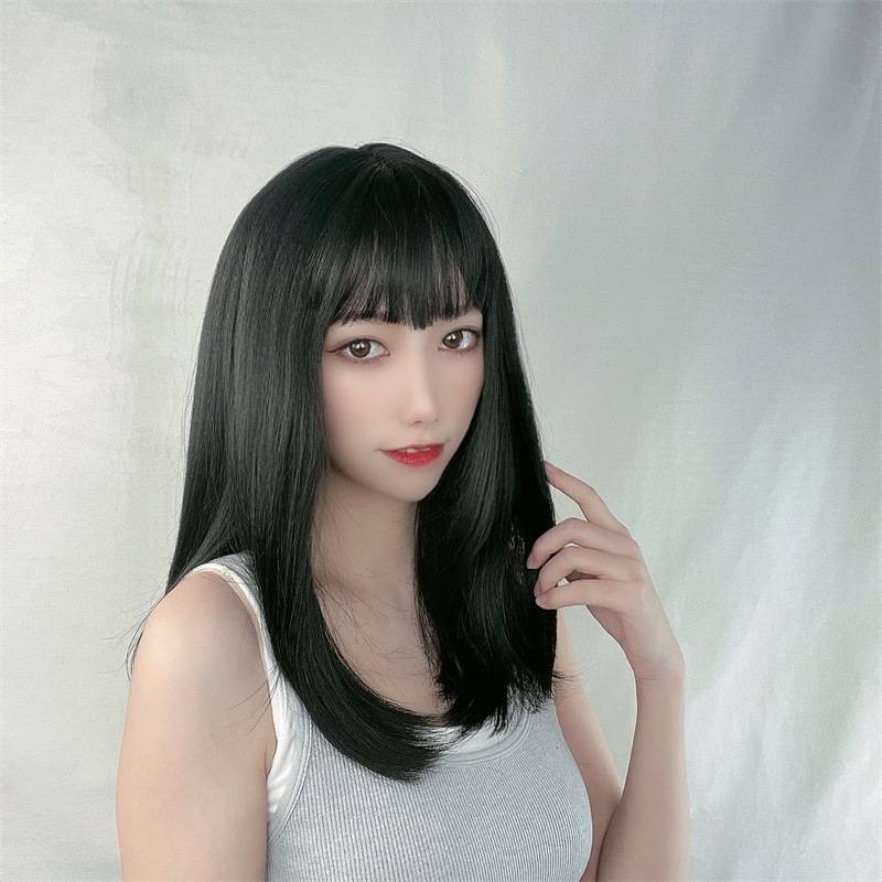 Wigmail women's middle long straight hair air bangs clavicle hair network high temperature silk fake headset spot
