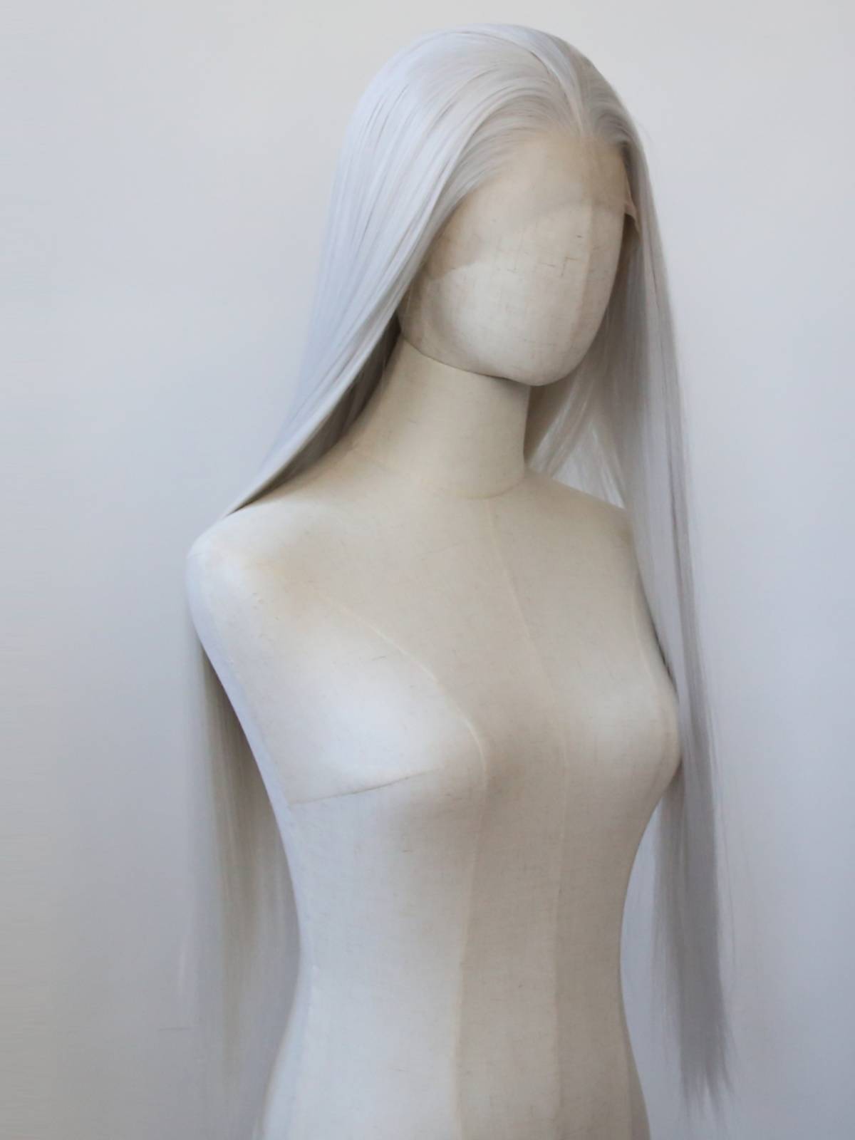 Silver front lace chemical fiber high -temperature silk wig white natural European and American long straight hair full wig