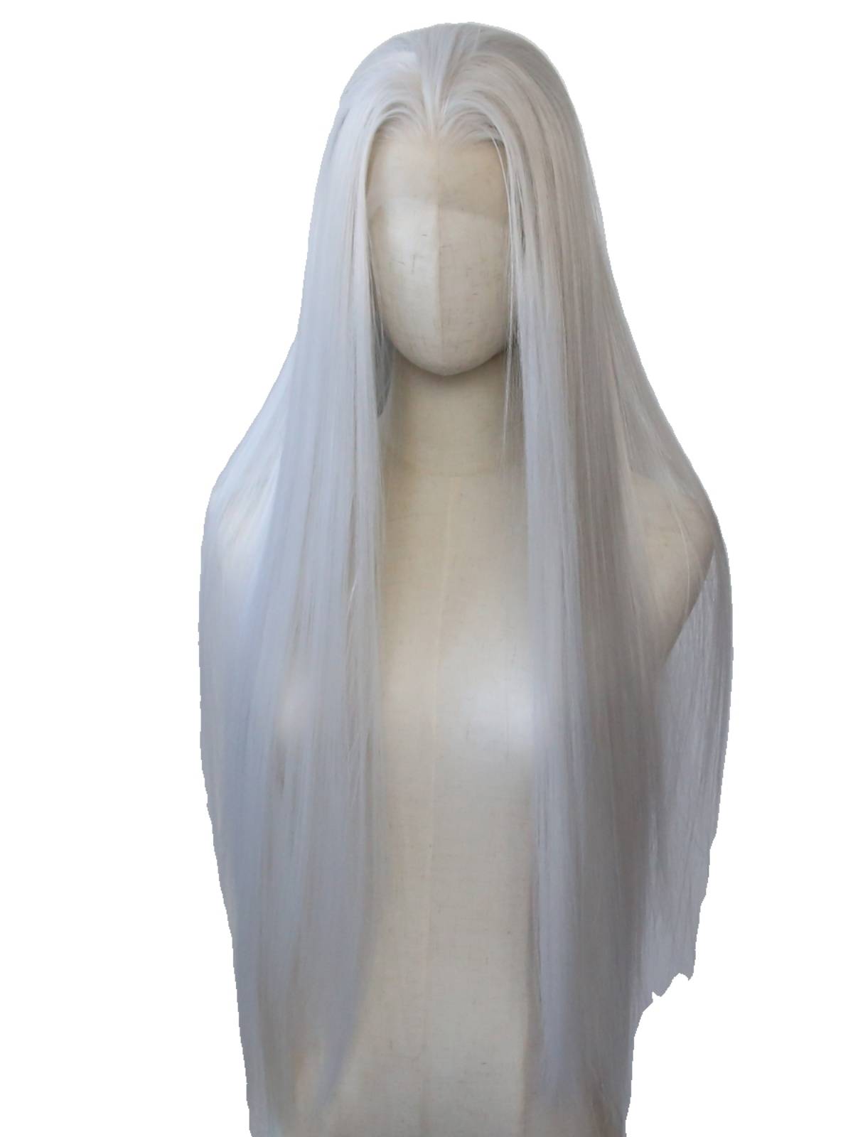 Silver front lace chemical fiber high -temperature silk wig white natural European and American long straight hair full wig