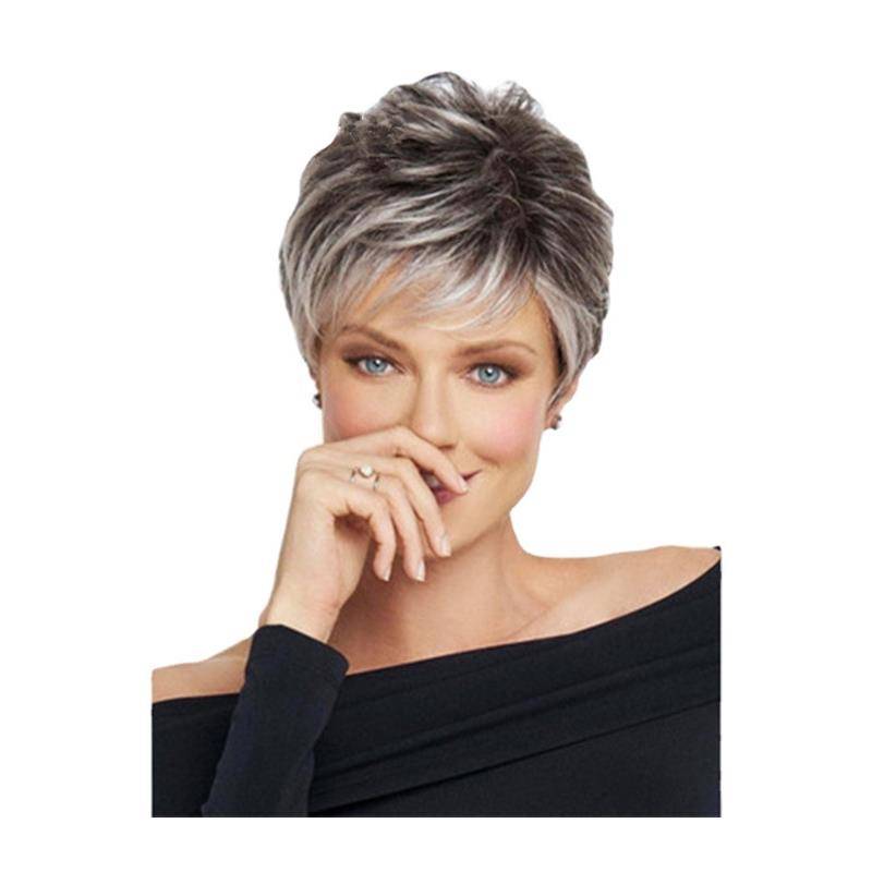 Amazon's new fashion gradient silver gray lady short hair wig oblique bangs high temperature silk wig
