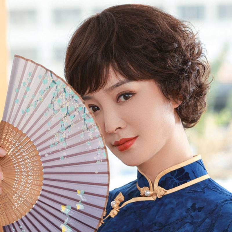 Douyin women's short hair curls Shanghai round face realistic fashion full -hood full -jie middle -aged people naturally and the whole wig
