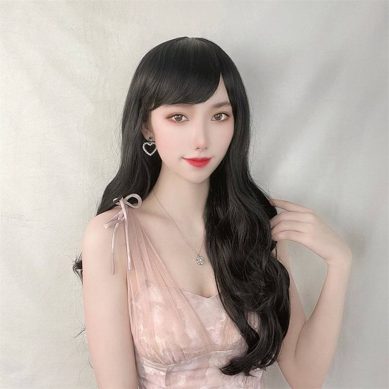 Spot fashion European and American oblique bangs long curly hair women's supply fiber figurine hood