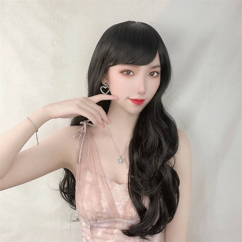 Spot fashion European and American oblique bangs long curly hair women's supply fiber figurine hood