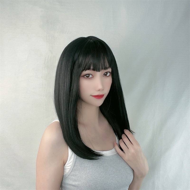 Wigmail women's middle long straight hair air bangs clavicle hair network high temperature silk fake headset spot