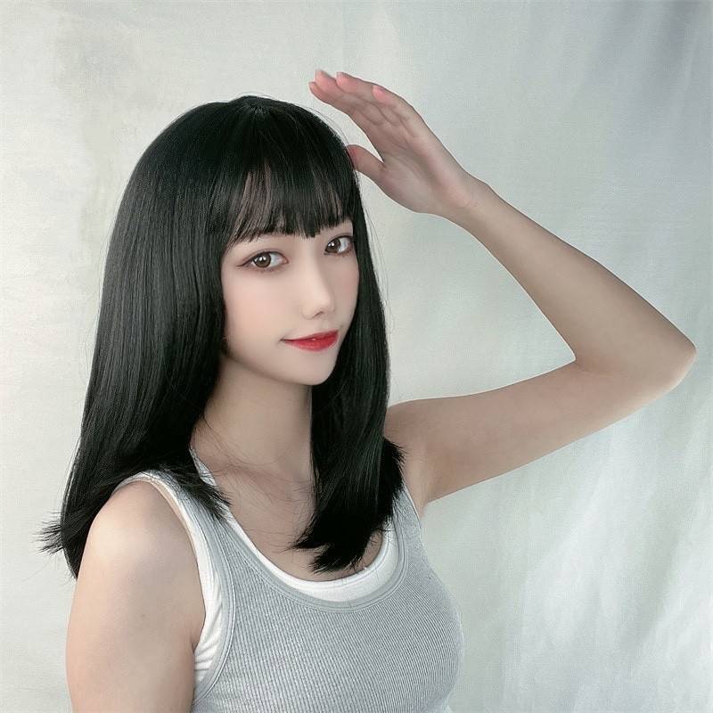 Wigmail women's middle long straight hair air bangs clavicle hair network high temperature silk fake headset spot