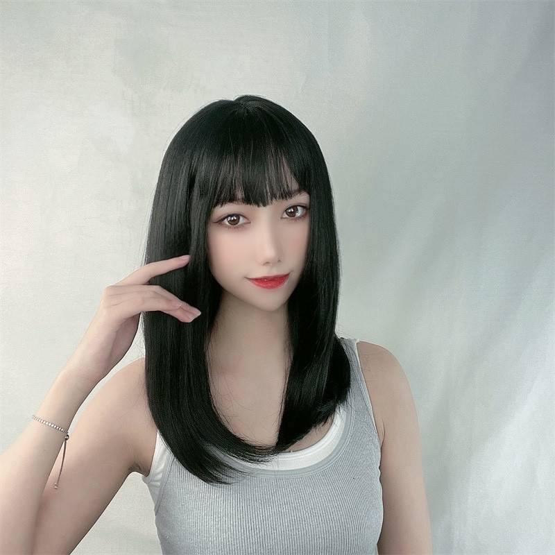Wigmail women's middle long straight hair air bangs clavicle hair network high temperature silk fake headset spot