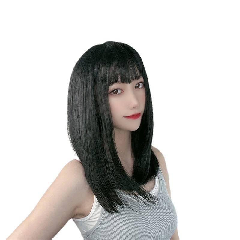 Wigmail women's middle long straight hair air bangs clavicle hair network high temperature silk fake headset spot