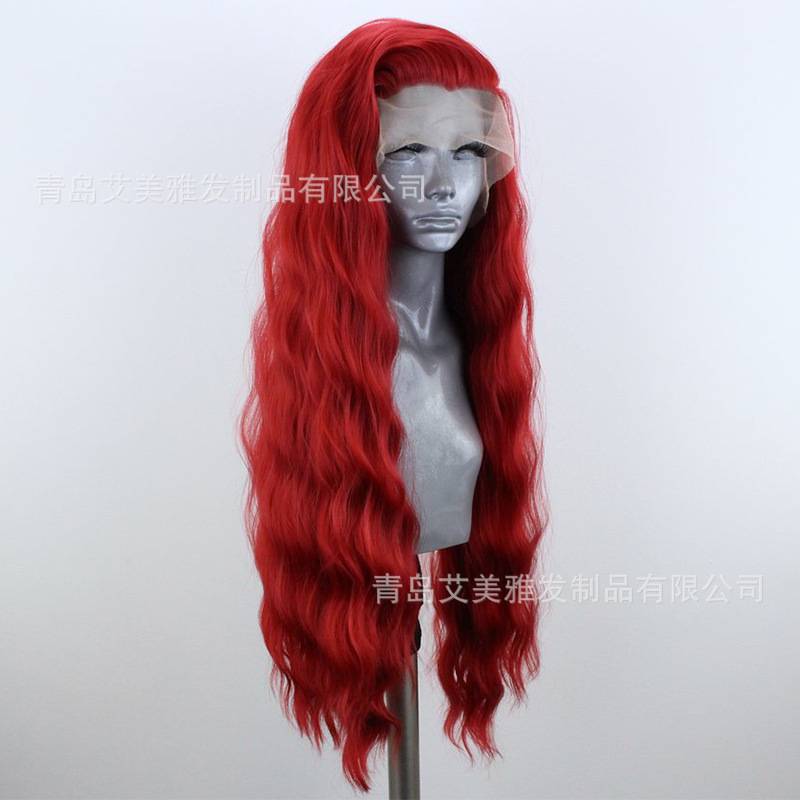 Wig European and American rose red curly hair half -hand hook before lace fiber wig manufacturer