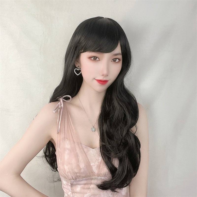 Spot fashion European and American oblique bangs long curly hair women's supply fiber fake head sleeve manufacturers
