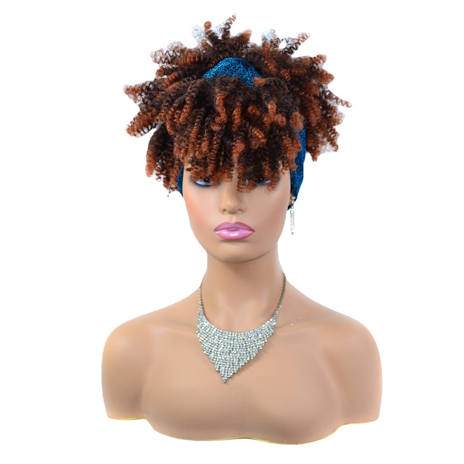 African lady's small roll head cover black and dark brown headscarf wigs of hair cover short screw curl head cover