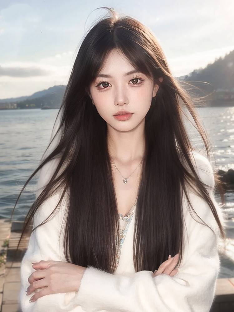Mid -split wig female long straight hair natural simulation fluffy Japanese white round face fashion new full top full set style