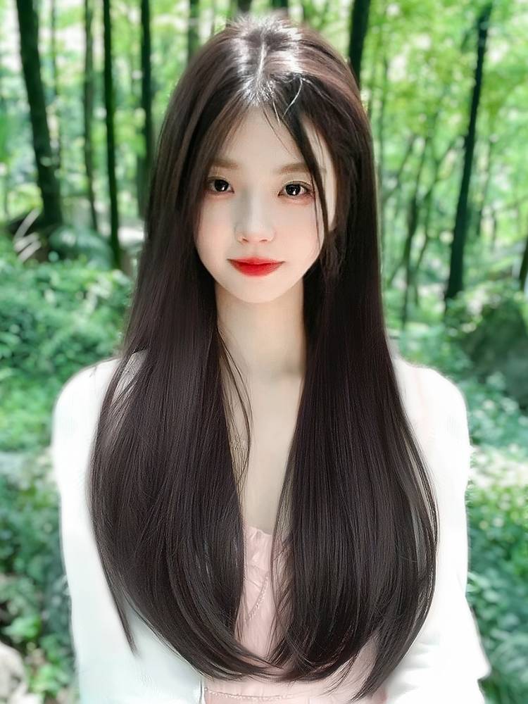 Mid -split wig female long straight hair natural simulation fluffy Japanese white round face fashion new full top full set style