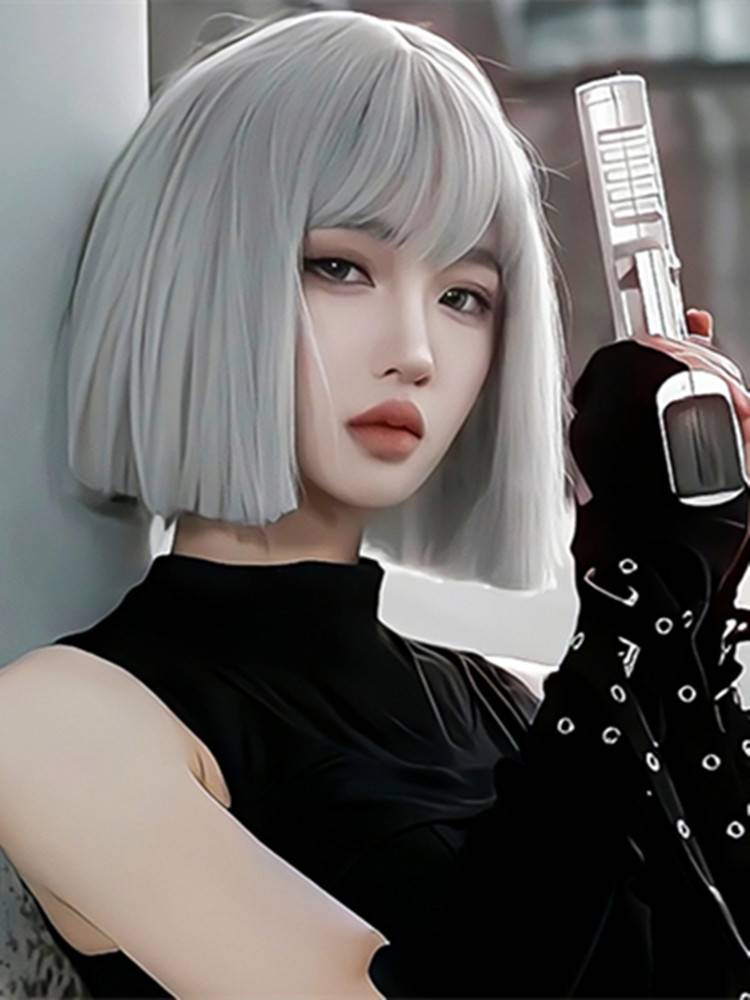 Ferry female short hair Bobo head natural simulation fashion sweet autumn winter cos Qi bangs Grandma gray full -headed