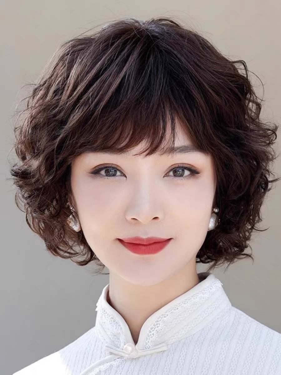 Wig short hair female curls Mom Mom Mom True True Set Mid -Elder