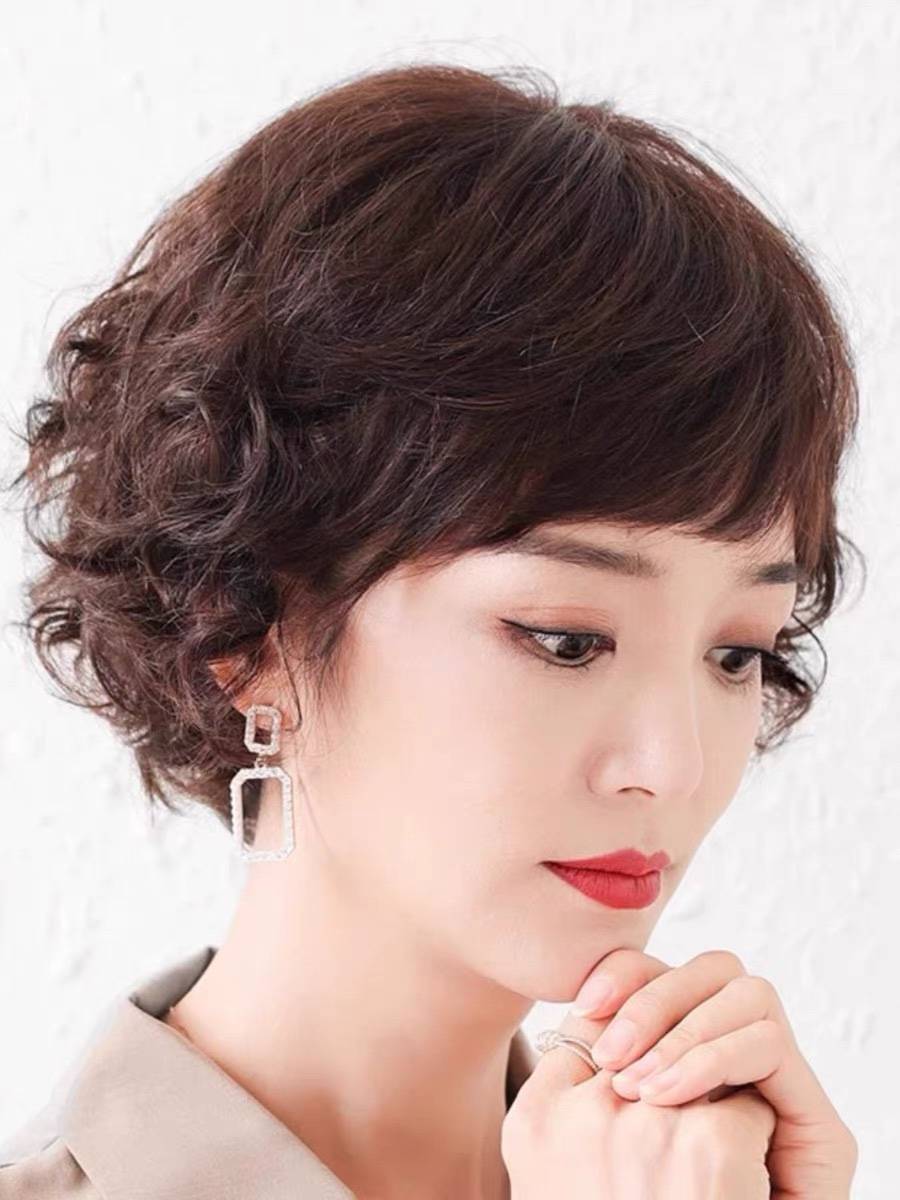 Wig short hair female curls Mom Mom Mom True True Set Mid -Elder
