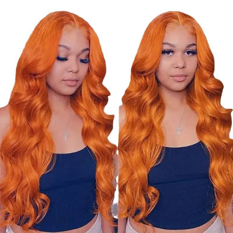 European and American women's fashion orange cross -border hot sale before lace big wave wig full set one piece