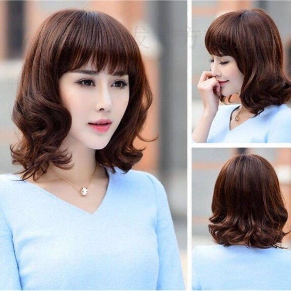 Fashion ladies wig long curly curl oblique bangs big waves, real round face, middle -aged mother medium long hair full hair