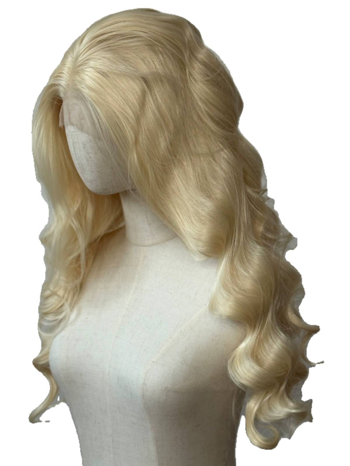 Golden front lace chemical fiber high -temperature silk wig Golden yellow European and American wave curly hair whole wigs 60cm