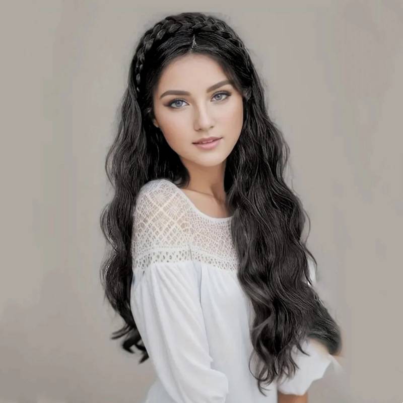 European and American cross -border wig female fish bone braid hair hoop half -headed chemical fiber long curly hair manufacturers spot direct sales