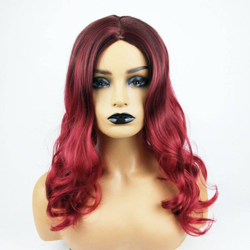 Cross -border e -commerce fake delivery source 1bt wine red gradient color long curly hair big wave European beauty fiber head women