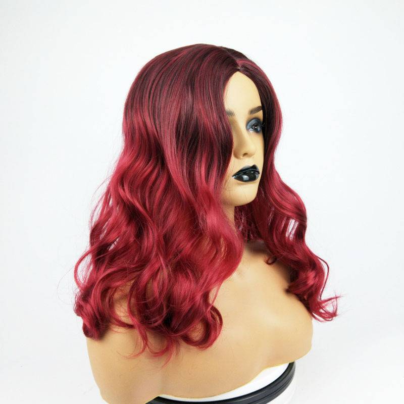 Cross -border e -commerce fake delivery source 1bt wine red gradient color long curly hair big wave European beauty fiber head women