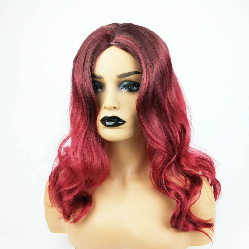 Cross -border e -commerce fake delivery source 1bt wine red gradient color long curly hair big wave European beauty fiber head women