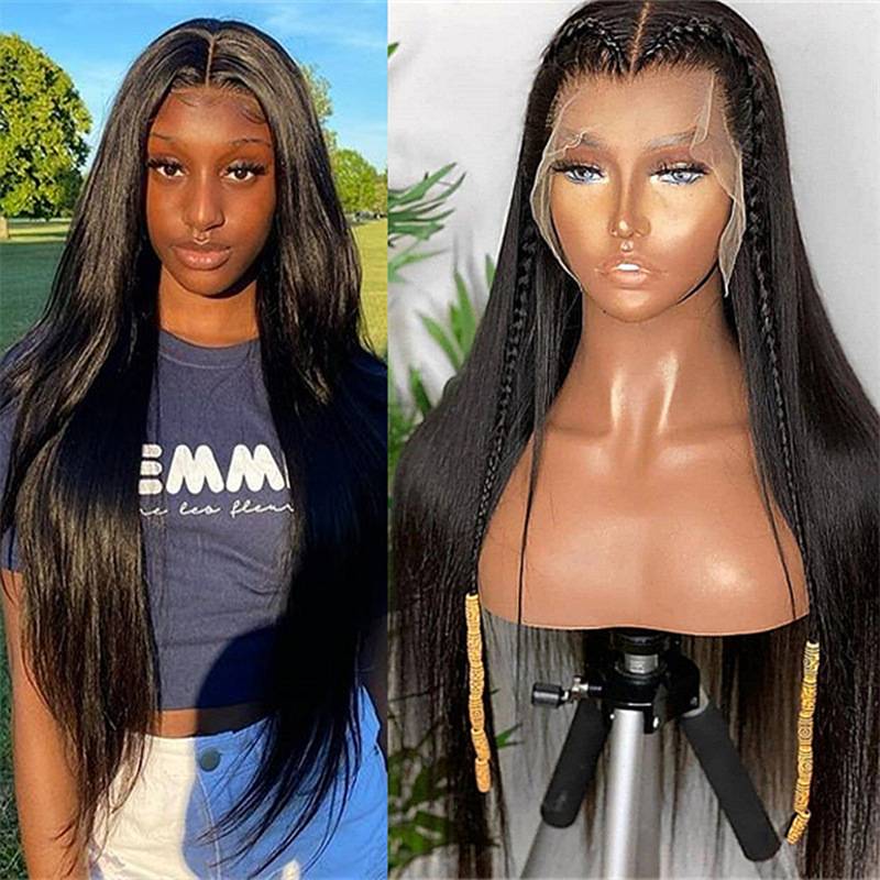 Amazon Europe and the United States, front -weaving lace fake head cover, black long straight -hair fibrous horn, T -shaped lace wig