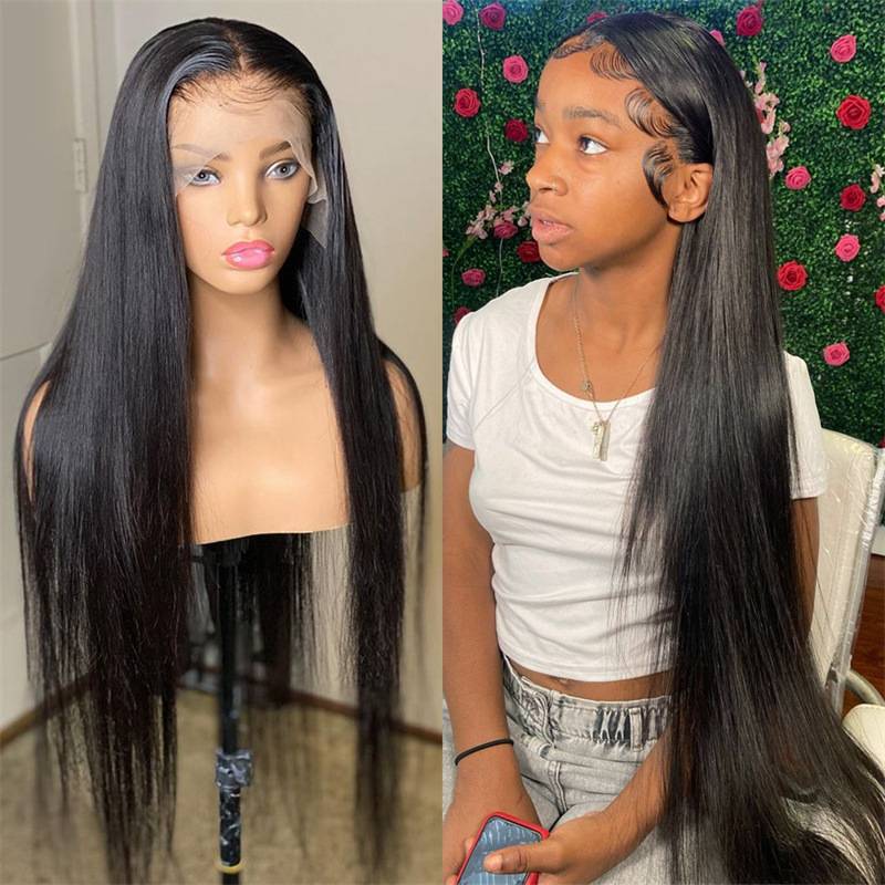 Amazon Europe and the United States, front -weaving lace fake head cover, black long straight -hair fibrous horn, T -shaped lace wig