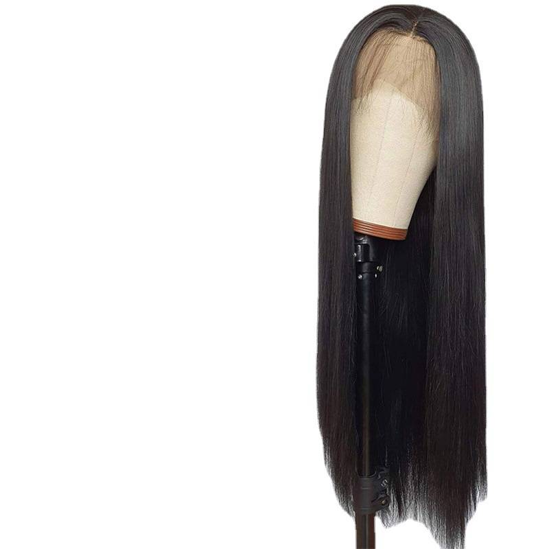 Amazon Europe and the United States, front -weaving lace fake head cover, black long straight -hair fibrous horn, T -shaped lace wig