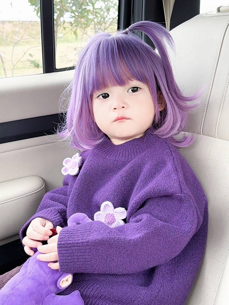 Purple children wig girl slightly tilted short hair, cute baby takes pictures full set of model model shooting top