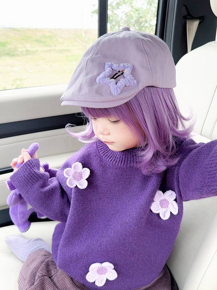 Purple children wig girl slightly tilted short hair, cute baby takes pictures full set of model model shooting top