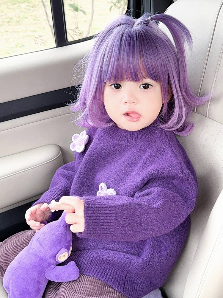 Purple children wig girl slightly tilted short hair, cute baby takes pictures full set of model model shooting top