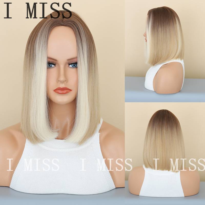 Amazon Wish cross -border wig European and American style BOBO head gradient golden straight hair fiber wig