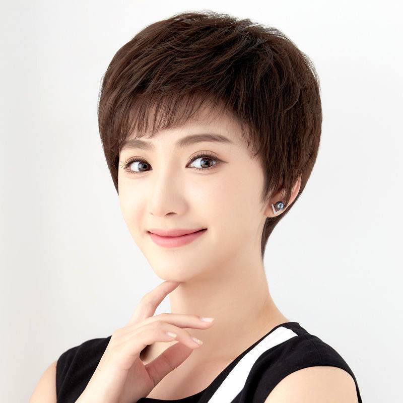 Wig female short hair Short -haired middle -aged and elderly mother hair jacket naturally full -headed curly hairstyle simulated hair silk