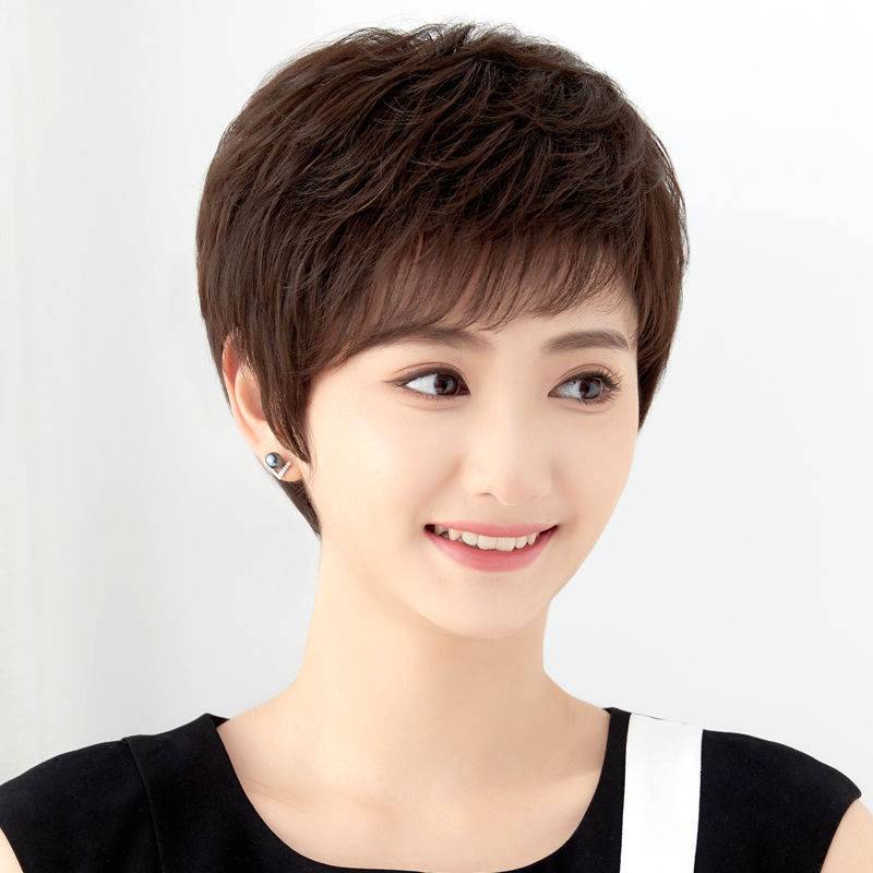 Wig female short hair Short -haired middle -aged and elderly mother hair jacket naturally full -headed curly hairstyle simulated hair silk
