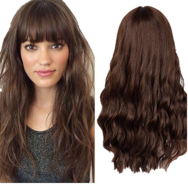 Genuine new wig Women's brown long curly hair Qi bangs high -temperature silk fiber head cover manufacturers