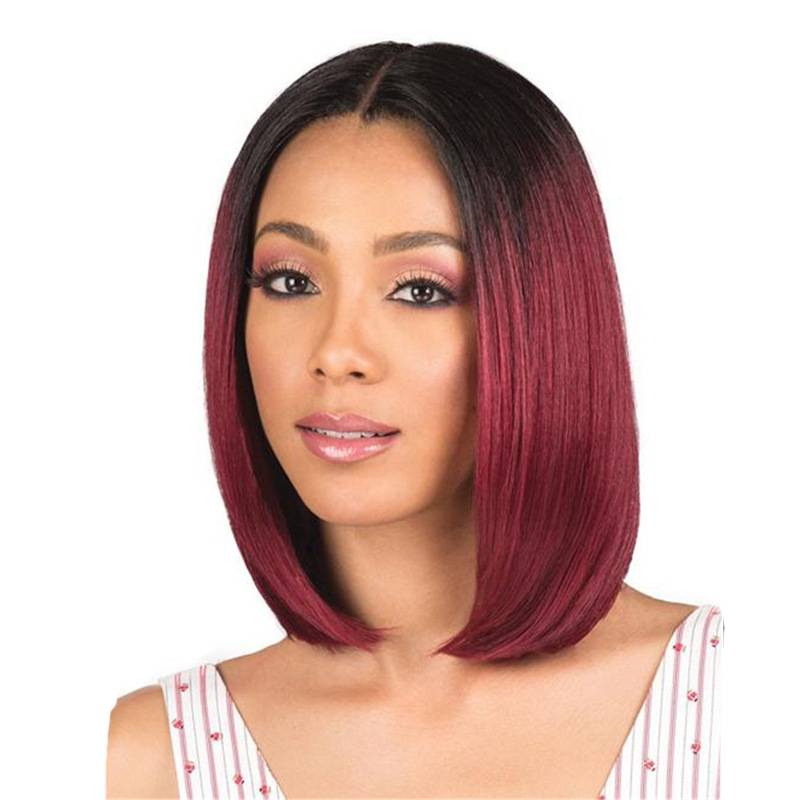Cross -border European and American dyeing bobo wig female short straight hair black gradient wine red wave head spot