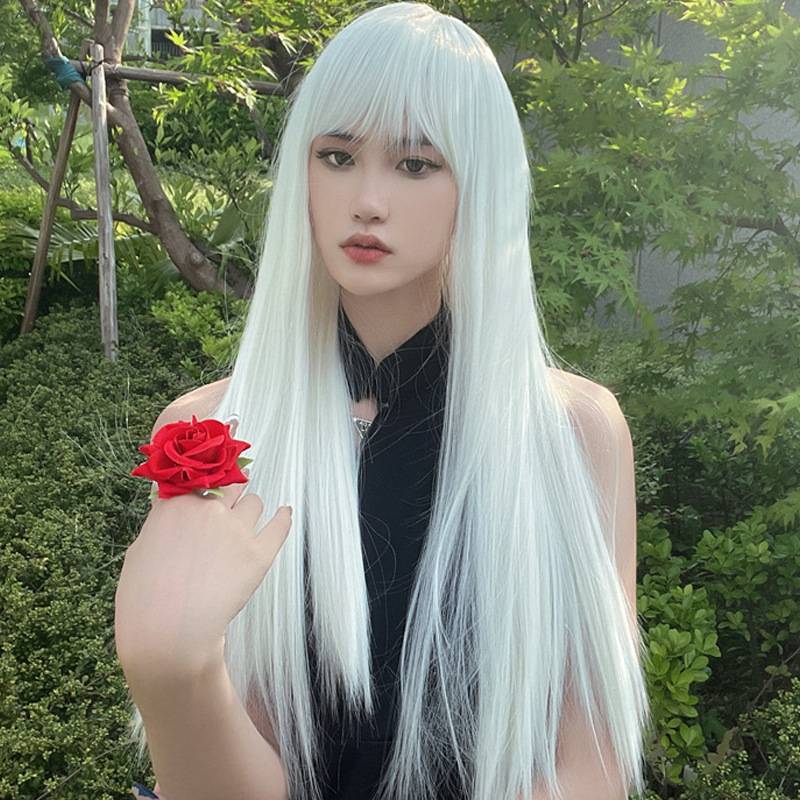 European and American wigs female black white long straight hair air bangs temperament facial face cos fake hair