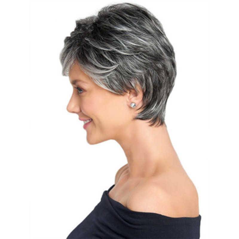 Amazon's new fashion gradient silver gray lady short hair wig oblique bangs high temperature silk wig