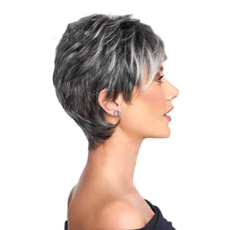 Amazon's new fashion gradient silver gray lady short hair wig oblique bangs high temperature silk wig