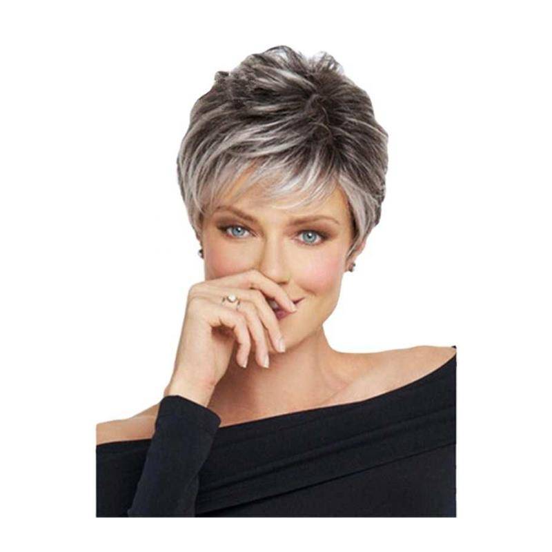 Amazon's new fashion gradient silver gray lady short hair wig oblique bangs high temperature silk wig
